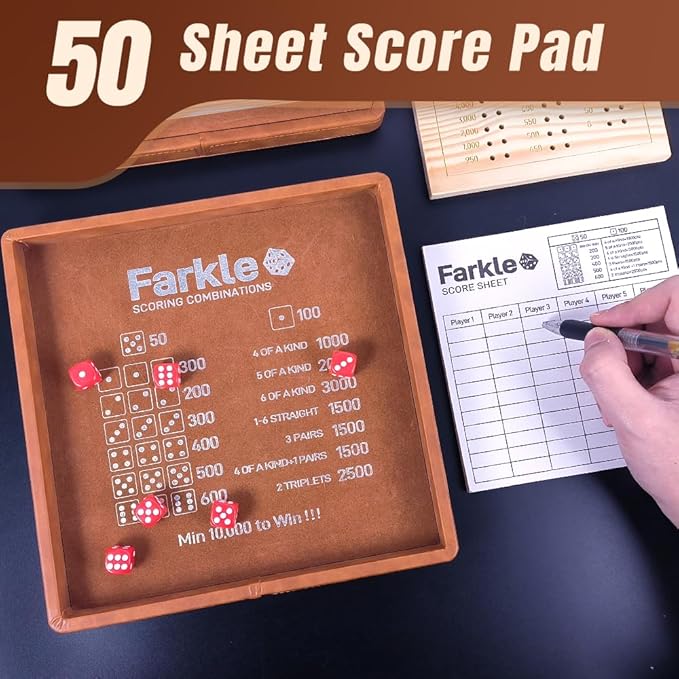 Farkle Dice Tray and Storage Case - Includes Embedded Scoring Combinations, 4 Sets of 6 Pearl Dice, 50 Sheet Score, 2 Scoreboards, 12 Scoring Sticks, and a Pen for The Classic Family Games (Brown)