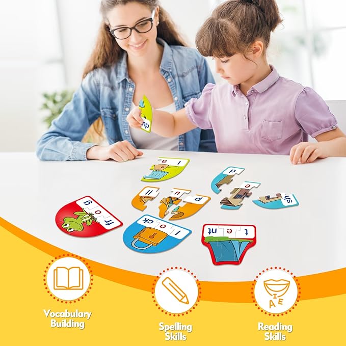 CVCC & CCVC Puzzle Cards for Kids - Word & Phonics Games, Speech Therapy Toys for Toddlers, 4 Alphabet Letter Word Puzzles, Learning Spelling Games
