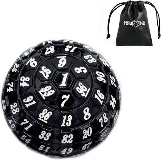 100 Sided Polyhedral Dice, Single D100 Game Dice, 100 Sided Cube with Black Pouch, D100 Dice 48 mm (Black with White Number)
