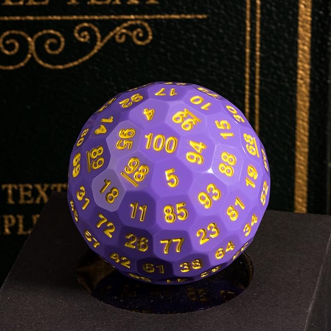 Upgraded D100 Dice, Single 100 Sided Polyhedral Dice D100 Die 50mm, D&D Dice D100 Game Dice, 100 Sided Cube with Metal Storage Tin(Purple/Yellow Font)