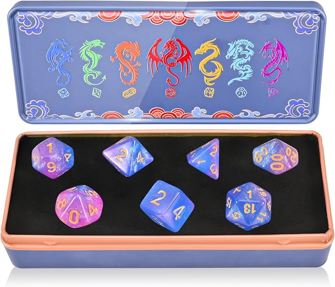 DND Dice Set with Dragon Totem Metal Gife Case, Dungeons and Dragons Dice Set,Polyhedral Dice Set Filled with Shiny Glitters,Role Playing Games and Tabletop Games (Deep Blue&Pink)