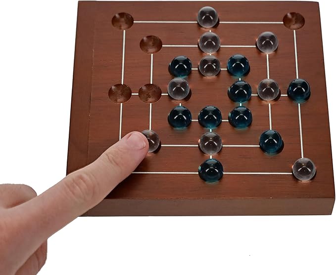 WE Games Nine Men's Morris Board Game, 5 inch Travel Size - Solid Wood Board with Magnetic Closure, 9 Clear & 9 Blue Marbles, Classic 2-Player Strategy Game for Adults, Perfect for Game Nights