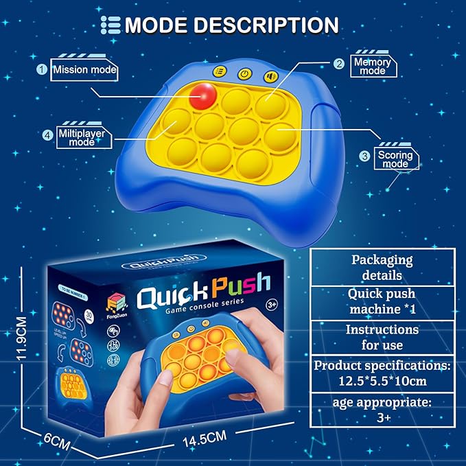 Quick Push Game，Pop Game Fidget Toys, Fast Push Bubble Game, Handheld Puzzle Game Sensory Toys ，Light Up Push Pop Game for Kids 3-12 Girls and Boys Teens Adults Decompression (Blue)
