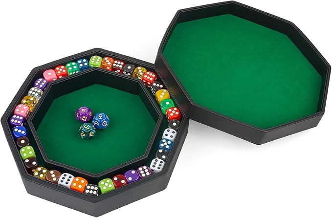 Dice Tray With Lid for Board Games, Green Felt Lined PU Leather Octagon Rolling Tray and Box Storage