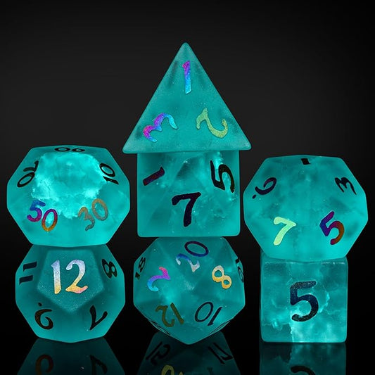 UDIXI Cyan Glass DND Dice Set, 7PCS Cracked Glass Dice for Dungeons and Dragons Tabletop Games