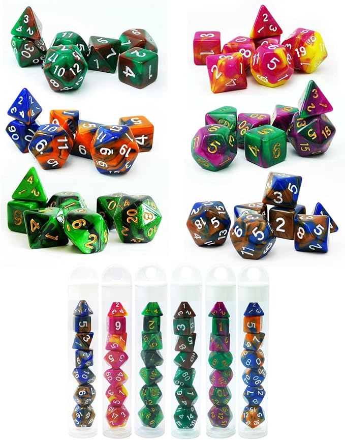 Bescon Mini Two Tone Polyhedral RPG Dice Set 10MM, Small Dice Set D4-D20 in Tube, 6 New Assorted Colored of 42pcs