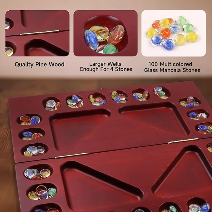 GSE Games & Sports Expert 4-Player Mancala Board Game with Multi-Color Glass Stones, Folding Wooden 4-Way Mancala Family Travel Strategy Games Set for Kids & Adults (Mahogany)