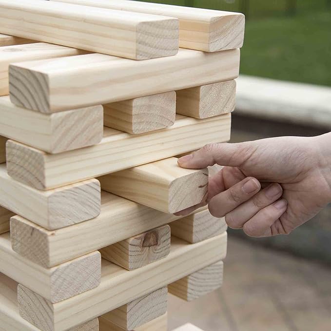 Hey! Play! Tower Stacking Board Games with 54 Giant Wooden Blocks - Nontraditional Yard Games for Kids and Adults with Carry Case - Ages 6 and Older