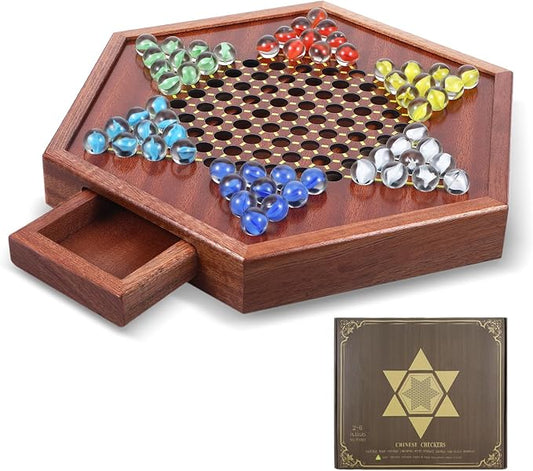 Chinese Checkers Board Game,12.6 Inches Large Wooden Board Game with 0.55“ 60+12 Colorful Glass Marbles and Dual Sided Storage Drawer Chinese Checkers Marbles for Adults Classic Family Strategy Gifts