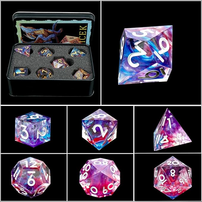DND Dice Set Sharp Edge Dice Set 7 Piece DND polyhedral Dice Numbers with Gold Leaf Exquisite Tin Box Packaging,Ideal for Dungeons & Dragons RPG and Board Games (Starry Sky White)