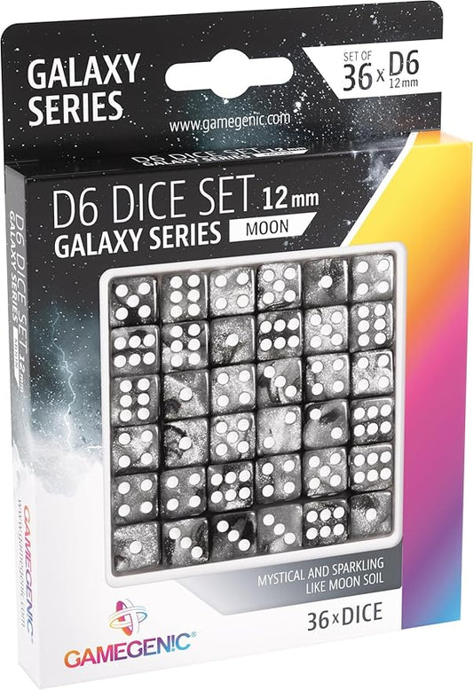 Asmodee Galaxy Series Moon D6 Dice Set Set of 36 Six-Sided Dice Premium Quality Resin Dice for Dice Games, Board Games and Card Games Cosmic Glittering Design Black Color Made by Gamegenic