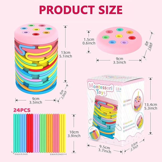 Sensory Activity Board Montessori Toys for 2-3 Year Old Kids,Learning Color Sorting Silicone Toys for Stress Relief,Calming,Focus,ADHD,Autism,18 Month Baby Boys Girls Gifts with 24 Strings