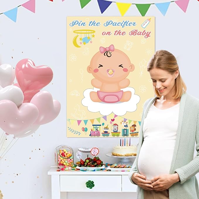 Hooqict Pin The Pacifier on The Baby Game Funny Baby Shower Games for Girls Birthday Party Gender Reveal, Large Baby Shower Activities Poster with 72 Pacifier Stickers