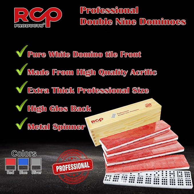 Double Nine Dominoes Professional, High Gloss Dominoes Set in Wood Box, Set of 55 Tiles Color Red