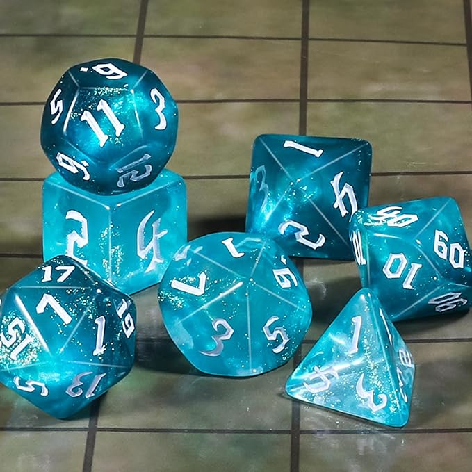 CiaraQ DND Polyhedral Dice Set for Dungeons and Dragons RPG MTG Role Playing Table Games-with 1 Dice Pouch (Aquamarine + Glitter)