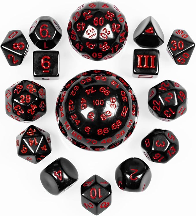 15 Pieces Complete Polyhedral DND Dice Set D3-D100 Spherical D&D Dice Set with Dragon Eye Dice Bag, D100 Dice for Dungeons and Dragons, RPG, MTG Table Games(Black w/Red Numbers)