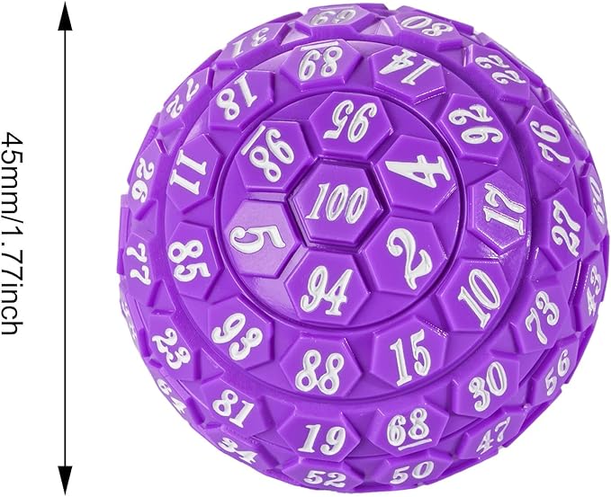 100 Sided Polyhedral Dice, Single D100 Game Dice, 100 Sided Cube with Black Pouch, D100 die 48 mm (Opaque Purple with White Number)
