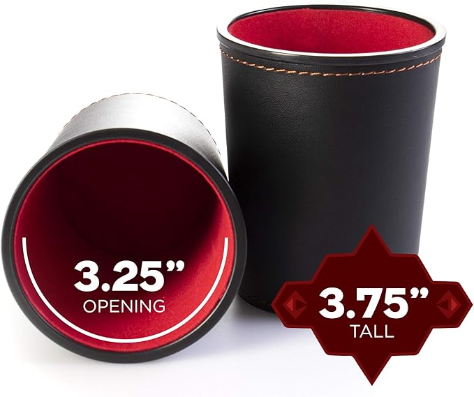 5 Leather Dice Cups and 25 Bullseye Dice by Bullseye Game Night | Classic Dice for Farkle, Liar's Dice, Bunco | Black and Red