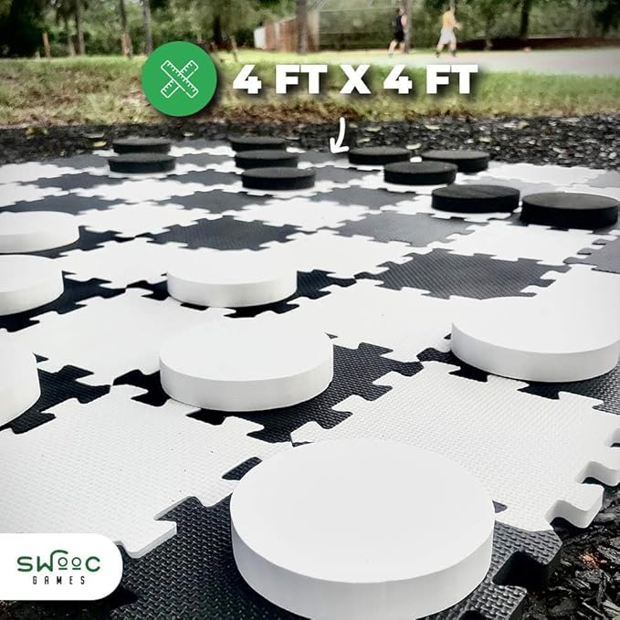 SWOOC Games - 2-in-1 Premium Giant Checkers & Tic Tac Toe Game (4ft x 4ft) - 100% High Density EVA Foam Mat & Pieces - Extra Large Checkers Set with Jumbo Checkerboard and Yard Size Tic Tac Toss