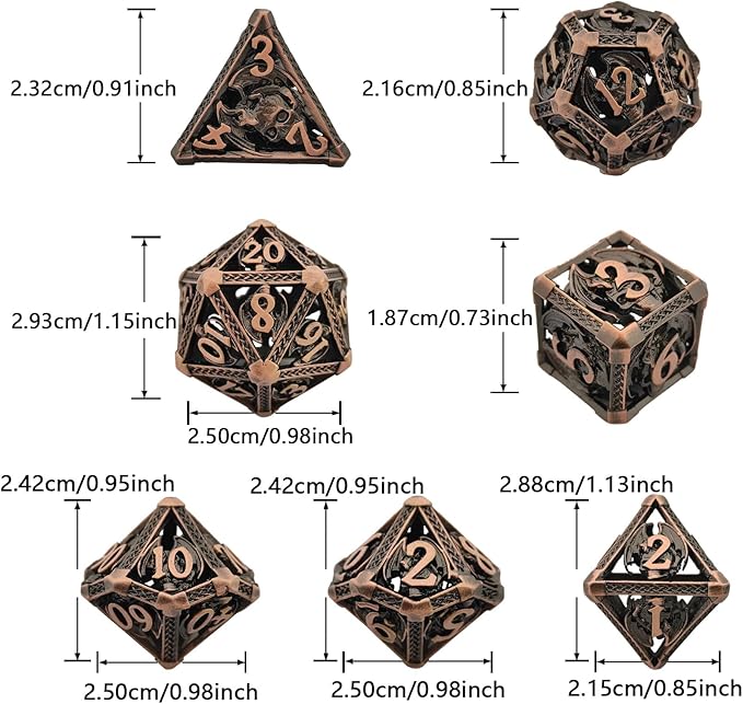 DND Dice Set D&D 7pcs Metal Hollow Dungeons and Dragons Polyhedron with Dice Bag Gift RPG MTG Role Playing Pathfinder Card Table Games D20 D12 D10 D% D8 D6 D4 Accessories-Red Copper