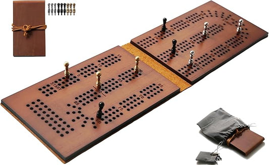 Jeereal Travel Cribbage Board Game Leather & Solid Bambo-Wood Pocket Sized Tiny Card Game Board (Bamboo|3 Tracks)