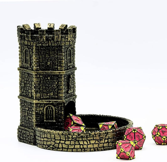 D&D Dice Tower with Tray, Castle Wall Carving DND Dice Rolling Tray for Dungeons and Dragons | Easy Roller Perfect for Board Game, D&D and RPG, (Ancient Golden)