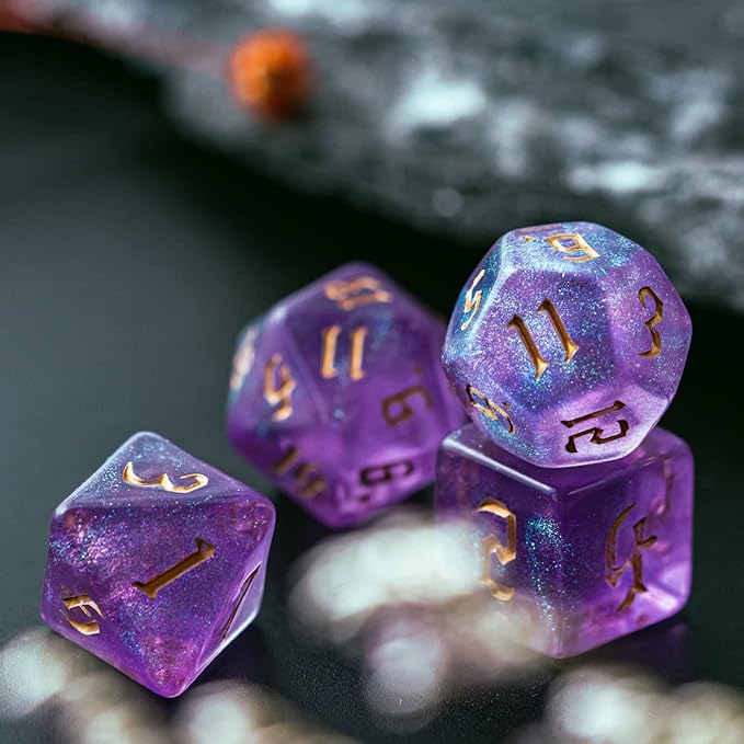 7-Die DND Dice Set Polyhedral Dice Set with a Leather Dice Bag, D&D Dice Set for Dungeons and Dragons, RPG, MTG Table Games (Purple/G)