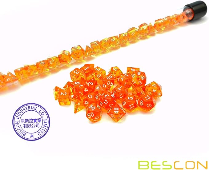 Bescon 28pcs Translucent Orange Mini Polyhedral Dice Set in Tube, Dungeons and Dragons RPG Dice 4X7pcs,Mini Gem Dice Set