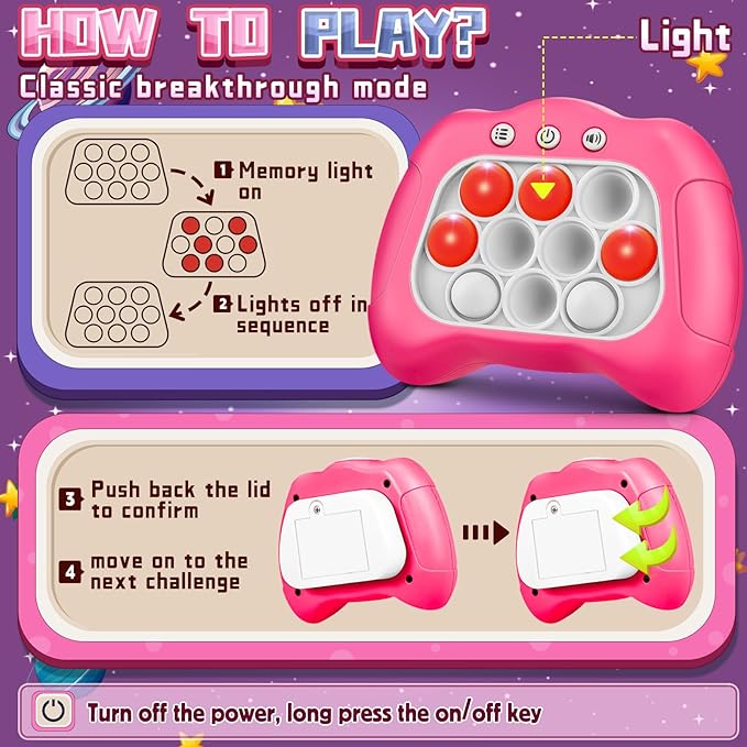 Quick Push Game，Pop Game Fidget Toys, Fast Push Bubble Game, Handheld Puzzle Game Sensory Toys ，Light Up Push Pop Game for Kids 3-12 Girls and Boys Teens Adults Decompression (Pink)