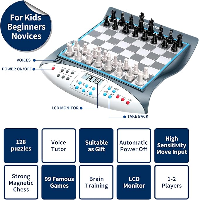 Talking Chess Master Electronic Chess Set - Electronic Chess Board with Voice Teaching System - Kids Learning Trainer - 32 Levels 2000 ELO Computer Chess Game with Sensor Chess Board Magnetic Pieces