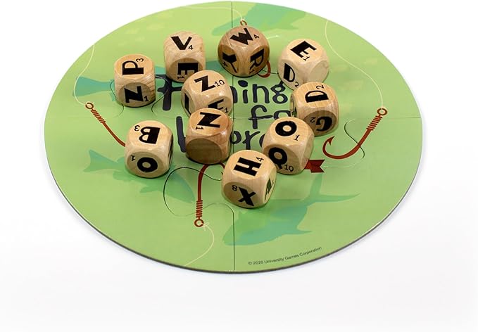 Fishing for Words, Dice Game, Word Game, Travel Game, Family Game, Bar Game, 2 to 4 players, ages 8 and up, Green