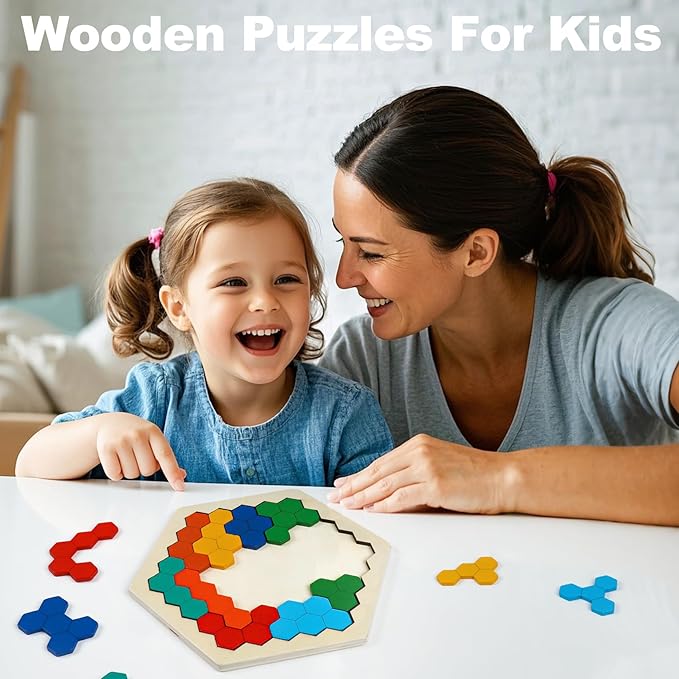 Wooden Puzzles for Kids,Brain Teaser Puzzles for Adults,STEM Montessori Educational Hexagon Puzzles Block Family Games Birthday Easter Gift for All Ages Challenge