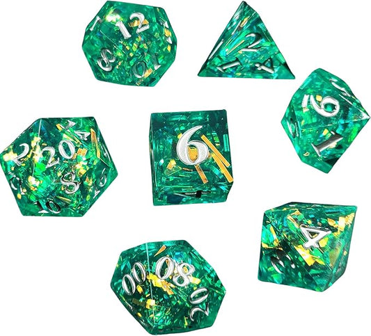 Futhark Green Extravaganza DND Dice: Shiny Polyhedral Resin Dice for Dungeons & Dragons, RPGs, and Board Games – 7 Piece Sharp Edge DND Dice Set with Case