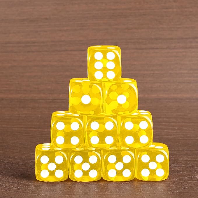 24 of Pack 16MM 6 Sided Dice Set,Translucent Colors D6 Game Dice Set, 6 Sided Standard Dices for Yahtzee, Bunco or Teaching Math,with Portable Dice Pouch(Yellow)