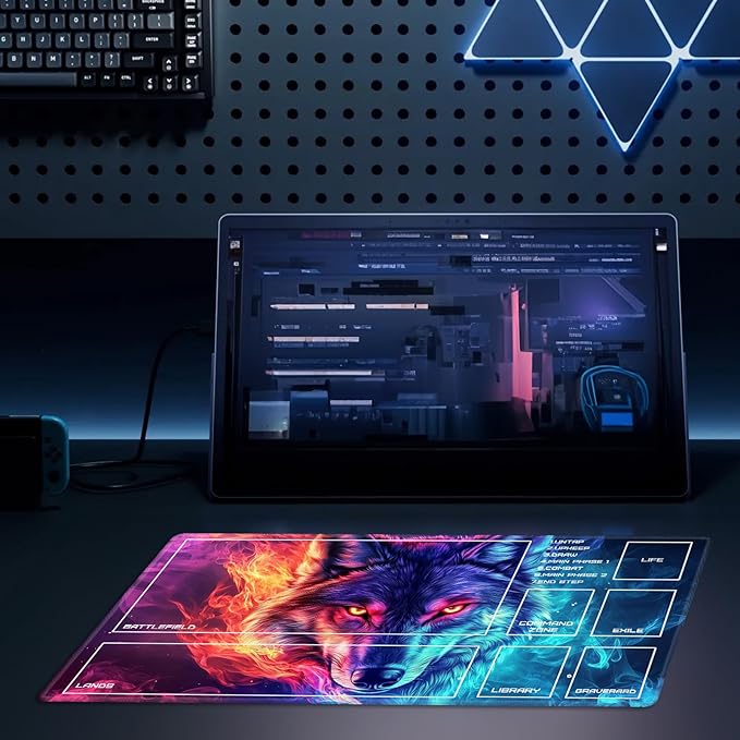MTG Playmat Size 23.6x13.8in with Storage Bags Portable Playmat TCG and Board Game Mat for Cards Rubber Base Slip-Resistant Mousepad Desk Mat (Cool Wolf,with Zone)