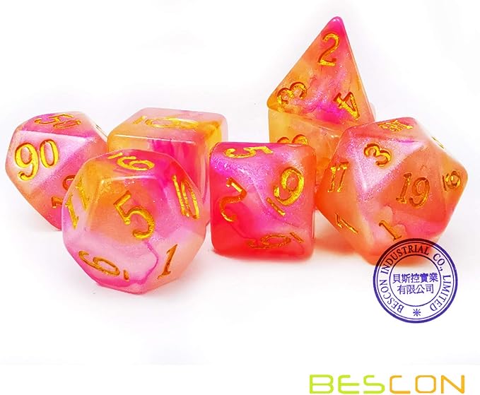 Bescon Magical Stone Dice Set Series, 7pcs Polyhedral RPG Dice Set RoseQuartz, Polybag Packing