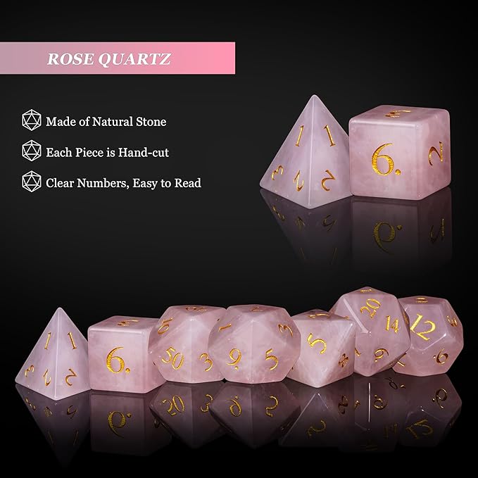 UDIXI Stone Dice Set D&D 7PCS Gemstone Dice Polyhedral DND Dice with Gift Case for Dungeons and Dragons Role Playing Games?Rose Quartz?