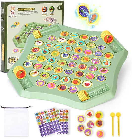 54PCS Flip Chess Memory Game, 2025 Fruit Flip Chess Board Game, Memory Checkerboard Over Card Board, Double Cartoon Pattern Matching Memories Game for Kids & Adults
