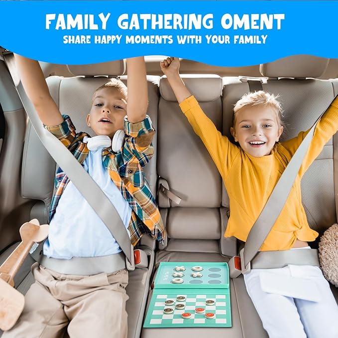 2-in-1 Magnetic Checkers & Tic-Tac-Toe Board Game | Travel Activities for Kids | Foldable Plane and Car Games | Family Fun Travel Essentials for Boy and Girl Over 3 Years