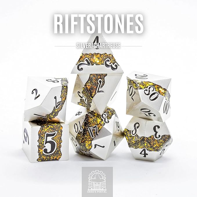 Sage's Portal Metal Riftstone DND Dice 7-PC Polyhedral Dice Set for DND TTRPG Dungeons and Dragons Pathfinder Oversized Designer Dice (Pearl Silver/Chartreuse)