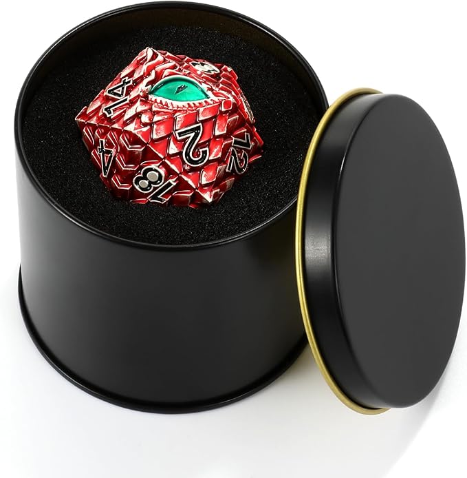 Dragon Eye Scale DND Metal Dice,33mm 20 Sided Giant D20, Large Polyhedral Dice, D&D Metal Dice Set for Dungeons and Dragons, RPG, MTG & Tabletop Games(Red with Green Eye)