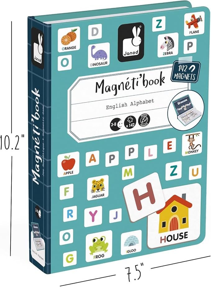 Janod MagnetiBook 143 pc Magnetic Educational Alphabet Game for Learning to Read and Write - Book Shaped Travel/ Storage Case included - S.T.E.M. Toy for Ages 3 one color one size J02712