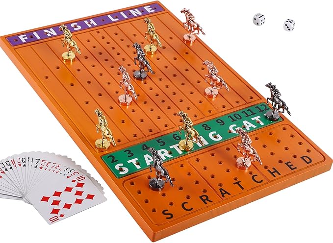 Horse Race Board Game Finish Line Racing Game with 11 Luxurious Metal Horses with 4 Dice and 2 Boxes of Cards Solid Wood Horse Racing Game Board Color Box Packaging (Small, Yellow Peach Color)
