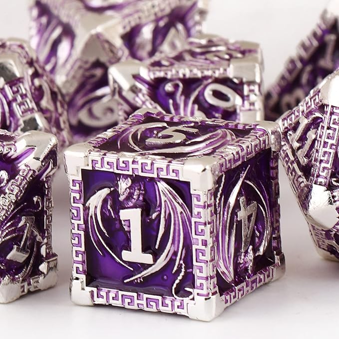 DND Dice Metal Dragon Set,Unique Dragon Design Dice with Gift Dice Bag for Dungeons & Dragon Games,Magic The Gathering,D and D D&D Dice Set (Silver Purple)