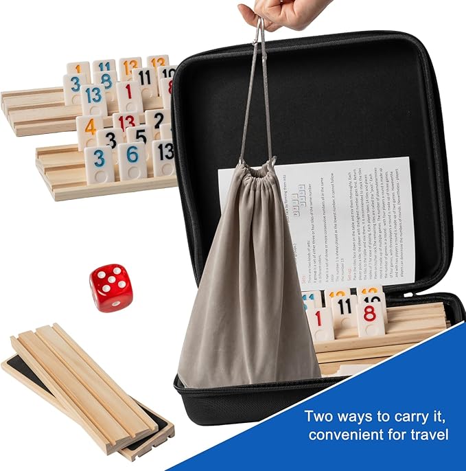 6-8 Players Rummy Cube Game with 8 Wooden Card Stands, 214 Colorful Rummy Cards, Exquisite Portable Box and Velvet Bag, Suitable for Family Gatherings and Travel Game Sets