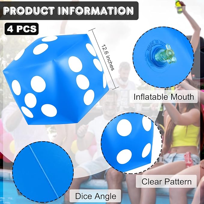 4 Pieces Jumbo Inflatable Dice 12.6 Inch Large Inflatable Dice Fun Game Toy for Indoor Outdoor Lawn Swimming Pool Party Favor Board Game Decoration, Blue