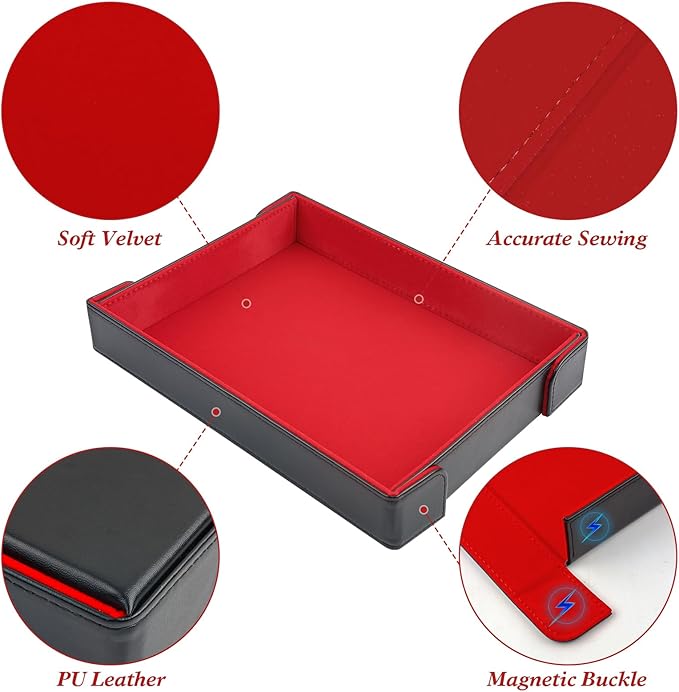PU Leather Dice Tray Magnetic Folding Dice Rolling Mat with Red Felt Lining for Dice Games Portable Tabletop Board Games Tray