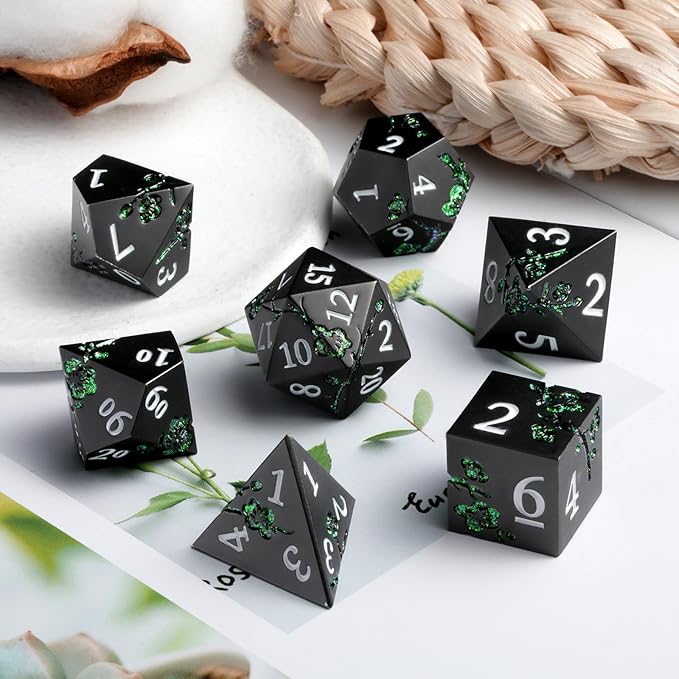 Glitter Green DND Metal Dice, DNDND 7 PCS Flower Metallic DND Dice Set with Gorgeous Gift Case for Dungeons and Dragon Tabletop Game (Matte Black with Glitter Green Flower)