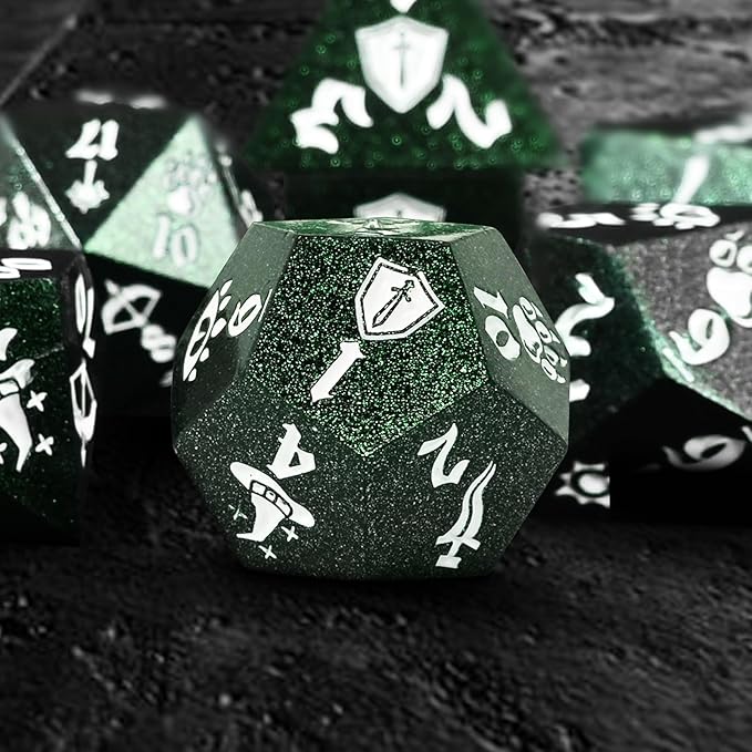 7PCS Metal Dice Set for Dungeons and Dragons,Class Icons Dice,Role Playing Board Games Accessories (Green)