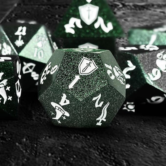7PCS Metal Dice Set for Dungeons and Dragons,Class Icons Dice,Role Playing Board Games Accessories (Green)